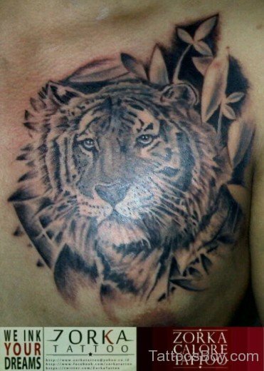 Flower And Tiger Tattoo On Chest-TB1032