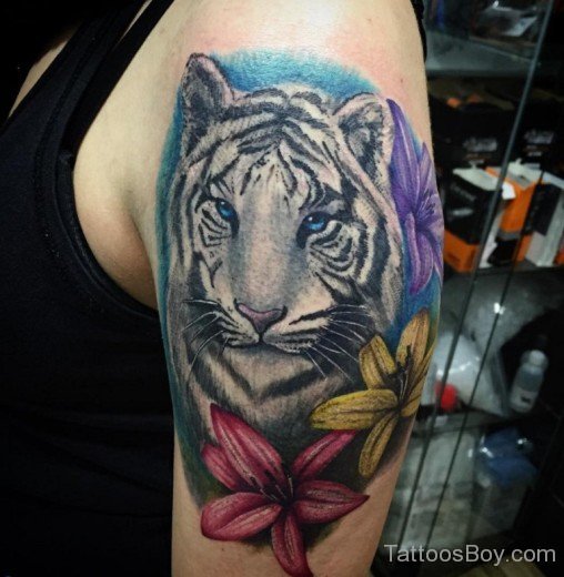 Flower And Tiger Tattoo On Shoulder-TB1033
