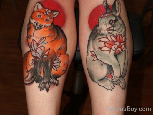 Fox And Rabbit Tattoo On Leg-TB148
