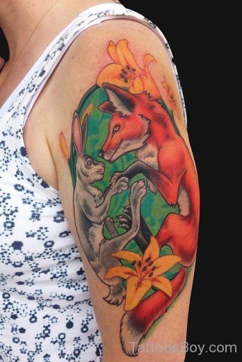 Fox And Rabbit Tattoo On Shoulder-TB149