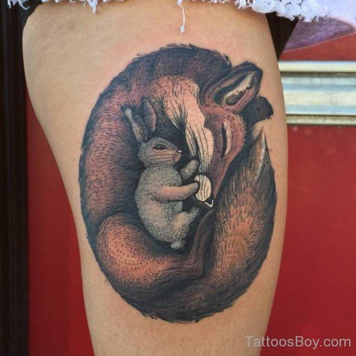 Fox And Rabbit Tattoo On Thigh-TB150
