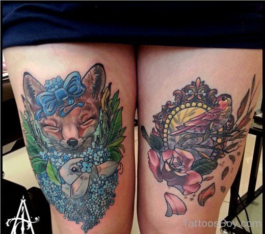 Fox And Sparrow Tattoo On Thigh-Tb1060
