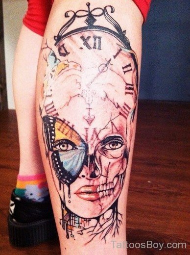 Girl Face Tattoo On Leg