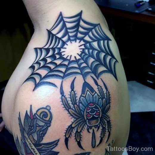 Grey Blue Spider And Web Tattoos On Shoulde-TB127