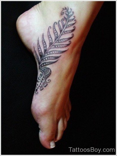 Grey Ink Leaf Tattoo On Foot