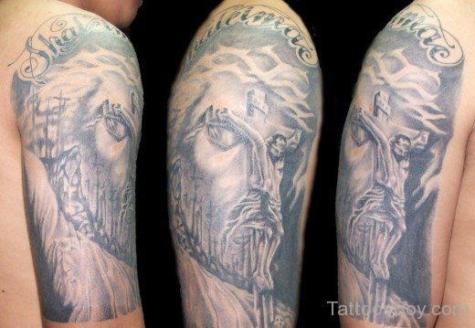 Grey Jesus Tattoo On Half Sleeve-TB14065