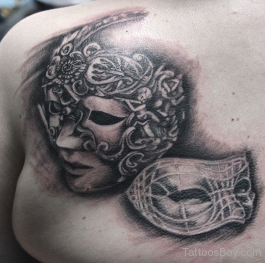 Grey Venetian Mask Tattoo On Back-TB1064