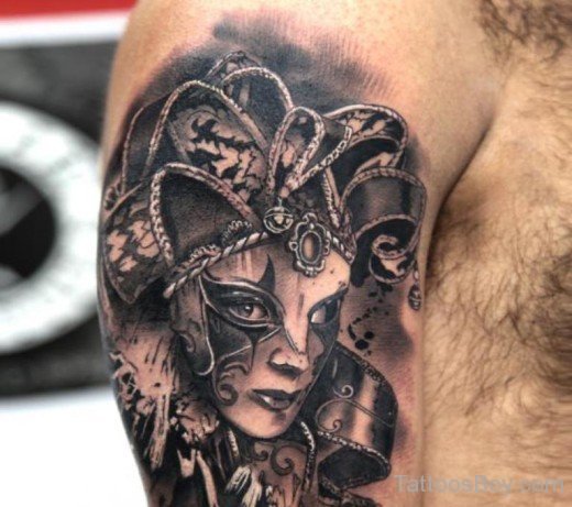 Grey Venetian Mask Tattoo On Bicep-TB1065