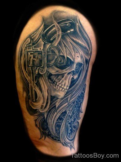 Gun And Slull Tattoo On Shoulder-TB127