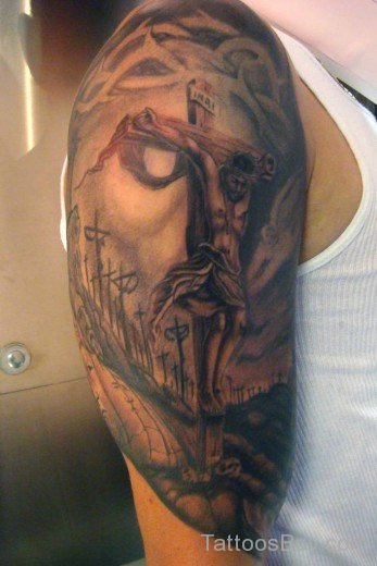 Jesus And Cross Tattoo On Half Sleeve-TB14072