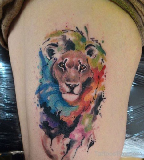 Lion Head Tattoo On Thigh