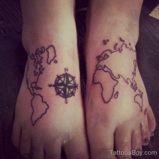 Map And Small Compass Tattoo On Foot-TB129
