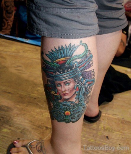 Native Girl Tattoo On Leg