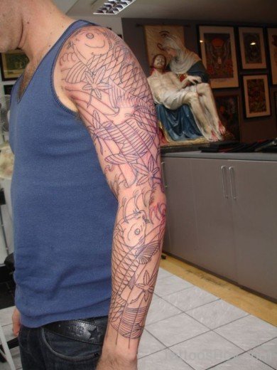 Outline Fish And Leaf Tattoo-TB1153