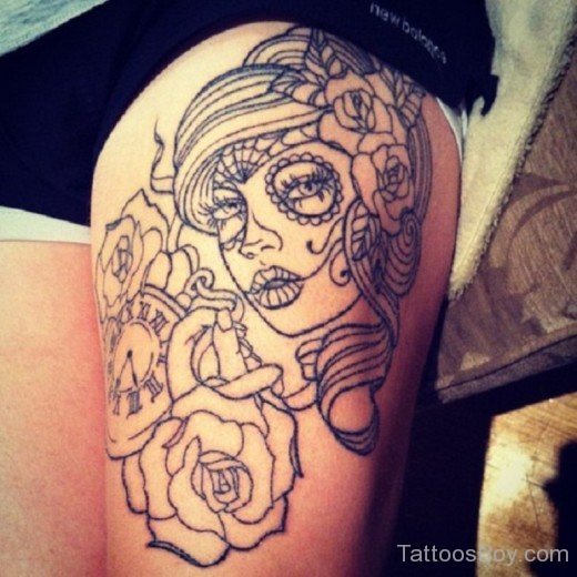 Outline Girl Tattoo On Thigh-TB12107