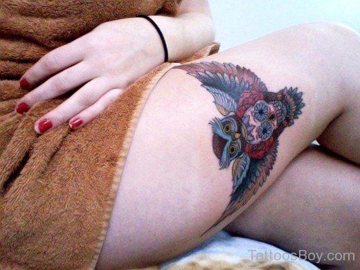 Owl And Skull Tattoo On Thigh-TB1121