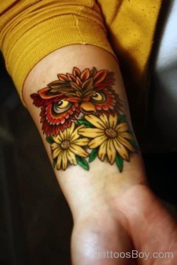 Owl Head And Sunflowers Tattoo On Wrist-TB1255