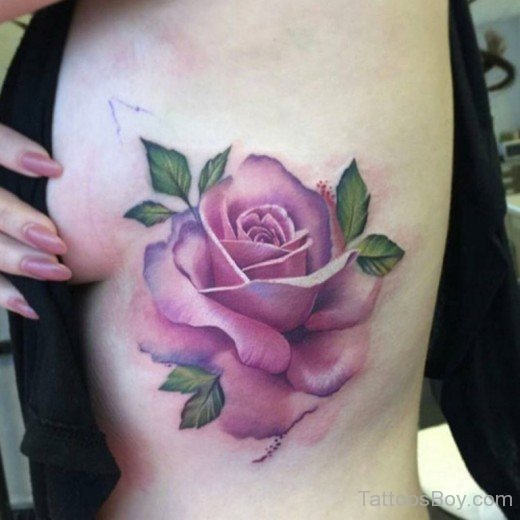 Pink Rose Tattoo On Rib