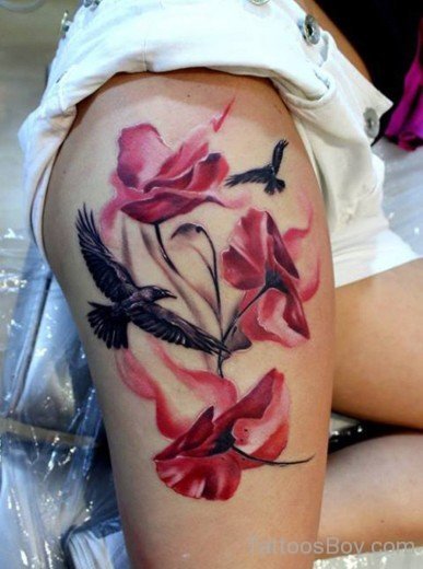 Poppy Flower And Bird Tattoo On Tihg-TB12118
