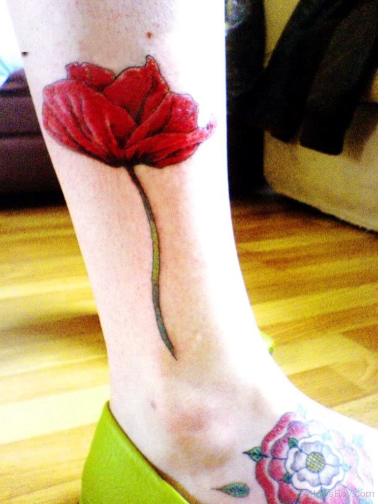 Poppy Flower Tattoo Design On Ankle.