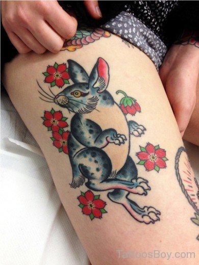 Rabbit And Cherry Blossom Tattoo On Thigh-TB160