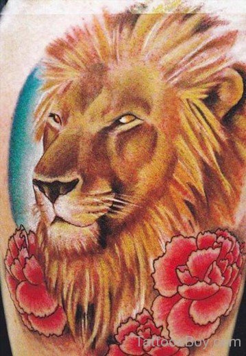 Red Flower And Lion Head Tattoo-TB1091