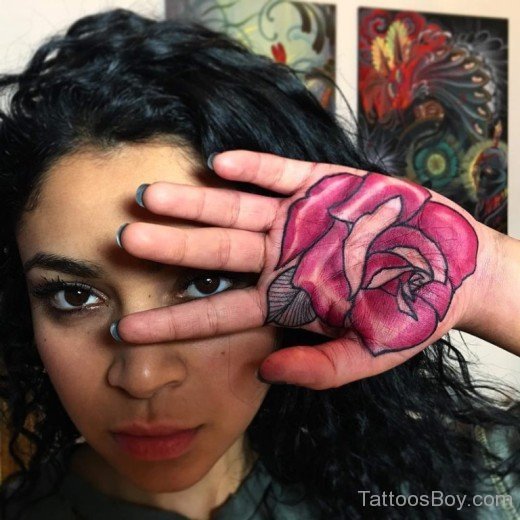 Red Flower Tattoo On Palm-TB1430