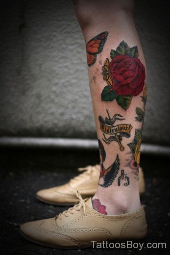 Red Rose Tattoo On Leg