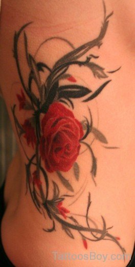 Red Rose Tattoo On Rib