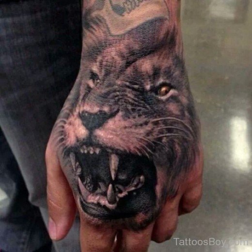 Roaring Lion Head Tattoo On Hand-TB1095