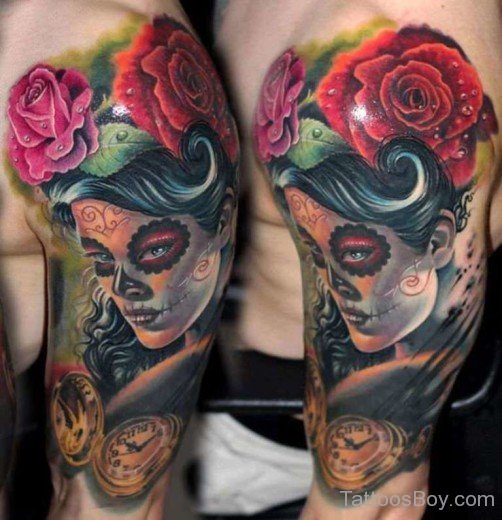 Rose And Venetian Mask Tattoo On Bicep-TB1080