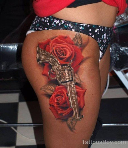 Rose And Gun Tattoo On Thigh-TB1090