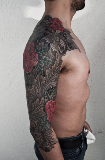 Rose And Leaf Tattoo On Half Sleeve-TB1163