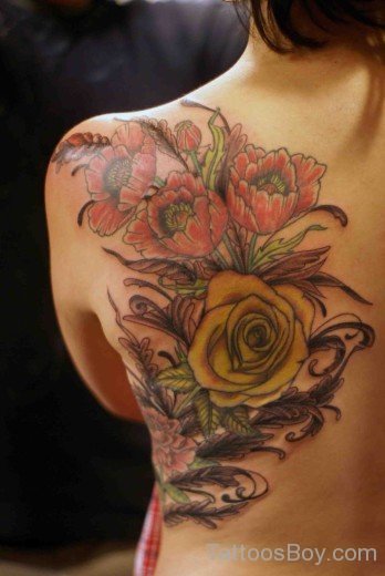 Rose And Poppy Tattoo On Back-TB1088