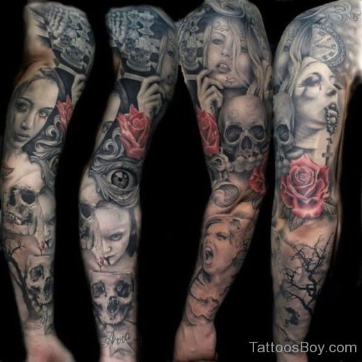 Rose And Skull Tattoo On Full Sleeve-TB1165