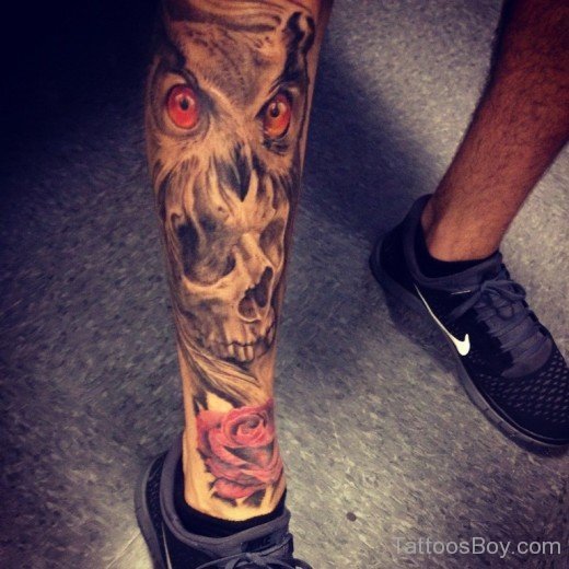 Rose And Skull Tattoo On LEg-Tb125