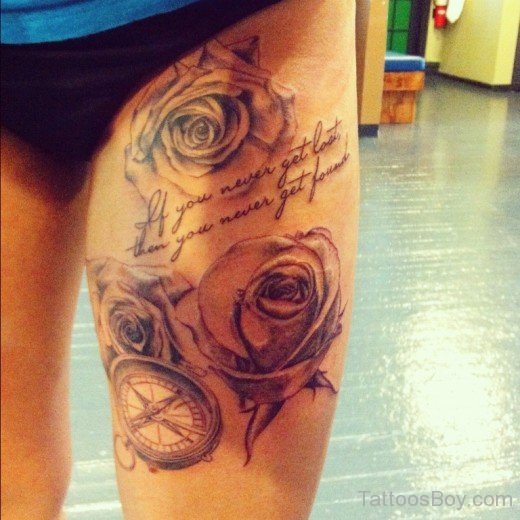 Rose And Wording Tattoo On Thigh-TB12129