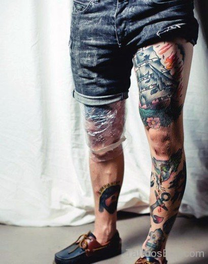 Ship Tattoo On Thigh