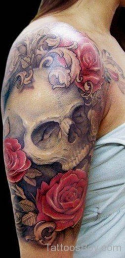 Skull And Rose Tattoo Design On Half Sleeve-TB12134
