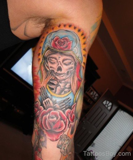 Skull And Rose Tattoo On Bicep-TB1185