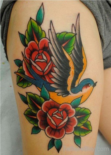 Sparrow And Flower Tattoo On  Thigh-Tb1083