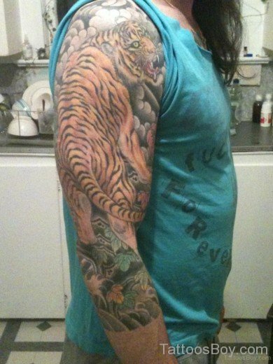 Stylish Tiger Tattoo On Full Sleeve