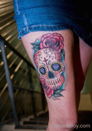 Sugar Skull Tattoo Design On Thigh-TB12145
