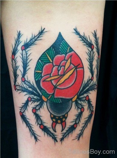 Traditional Red Rose Spider Tattoo On Arm-TB164