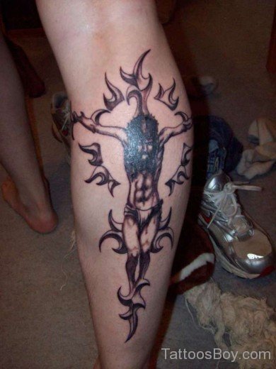 Tribal Jesus Tattoo On Leg-TB14164