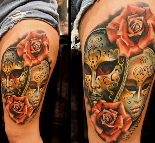 Venetian Mask Tattoo On Thigh-TB1142