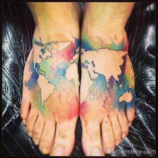 Watercolor Map Tattoo On Foot-TB164