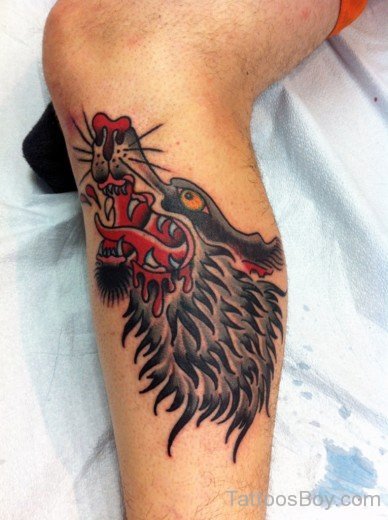 Wolf Face Tattoo On Leg