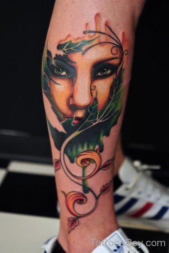 Woman Face Tattoo On Leg-Tb138