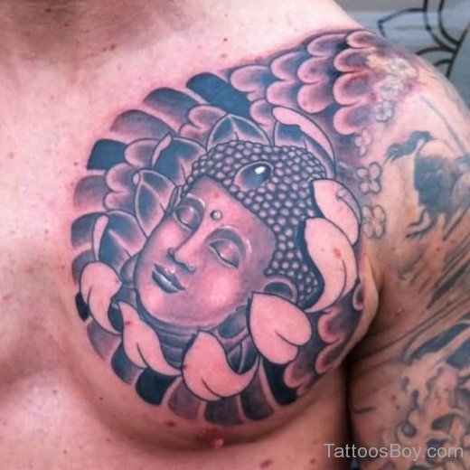 Wonderful Buddha Face And Rising Japenese Sun Tattoo On Chest-TB1117
